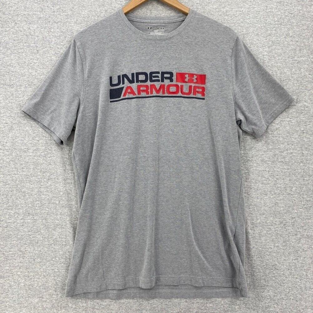Under Armour Shirt Mens Medium Gray Short Sleeve Graphic Loose Heatgear Tee